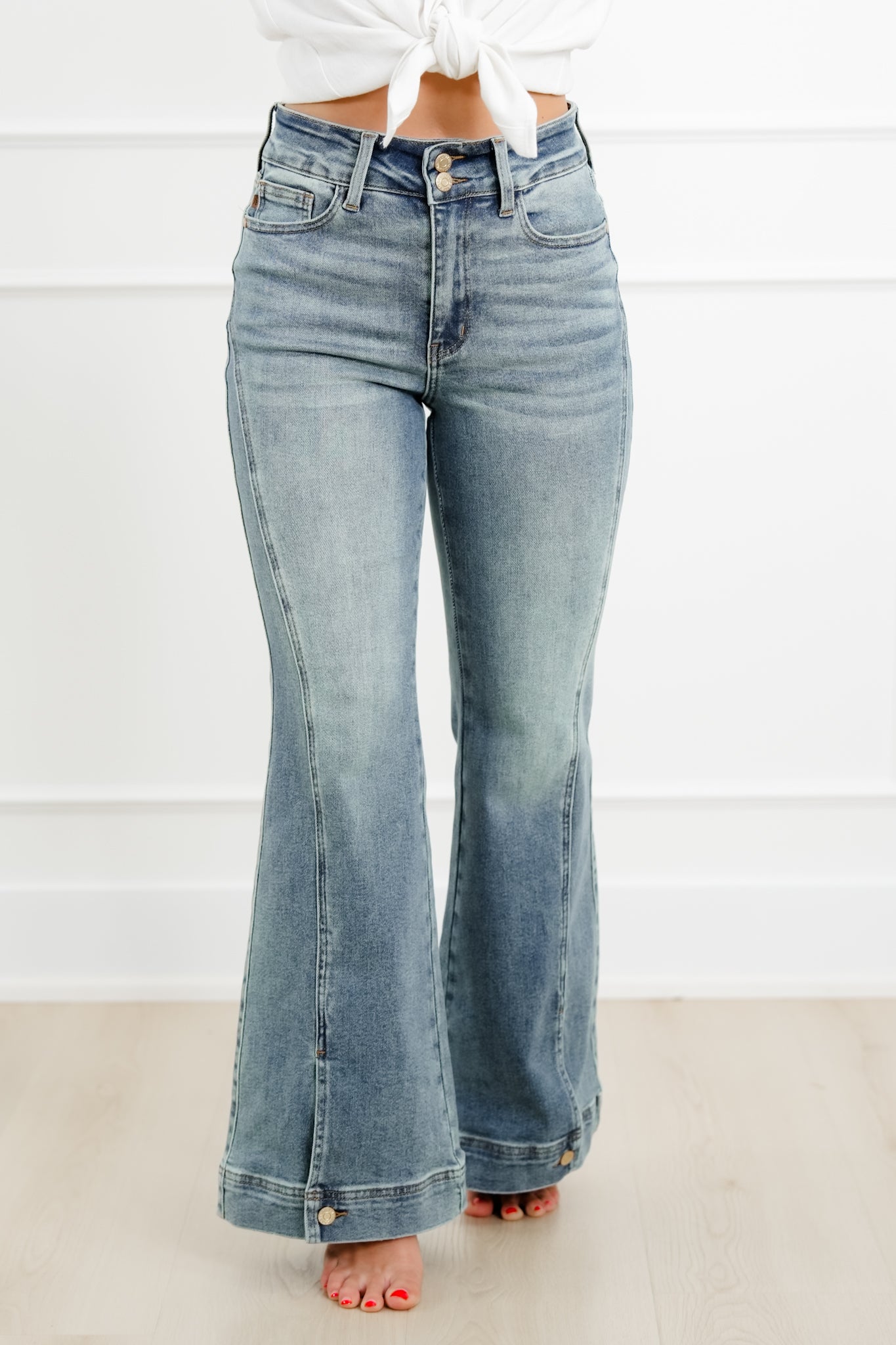 Judy Blue High Rise Medium Vintage Wash Flare Jeans with Button Hem