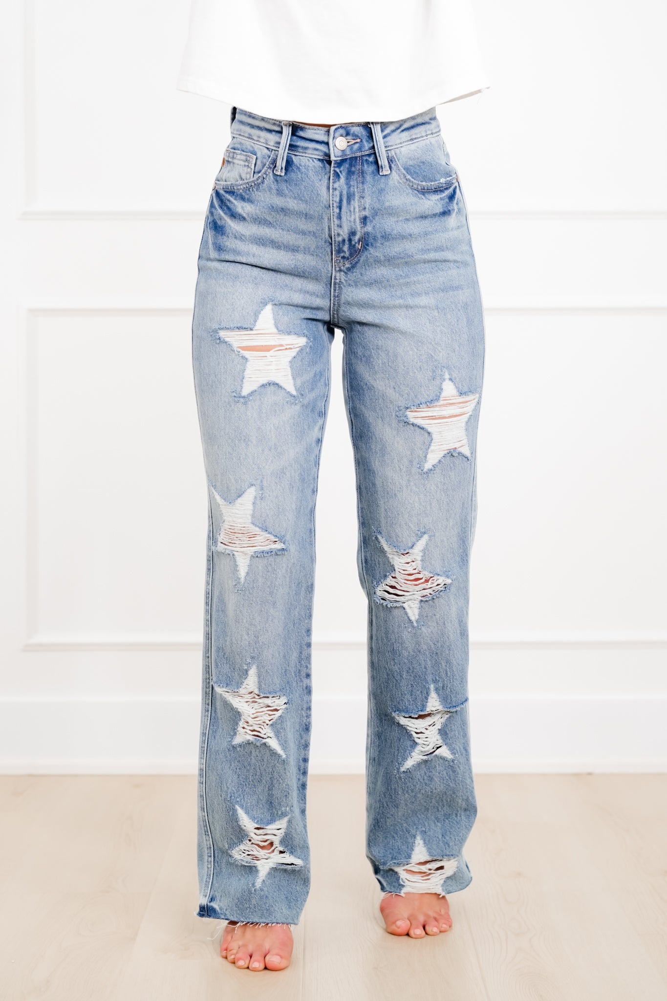 Judy Blue High Rise Medium Wash Star Shaped Distressing 90's Straight Leg Jeans
