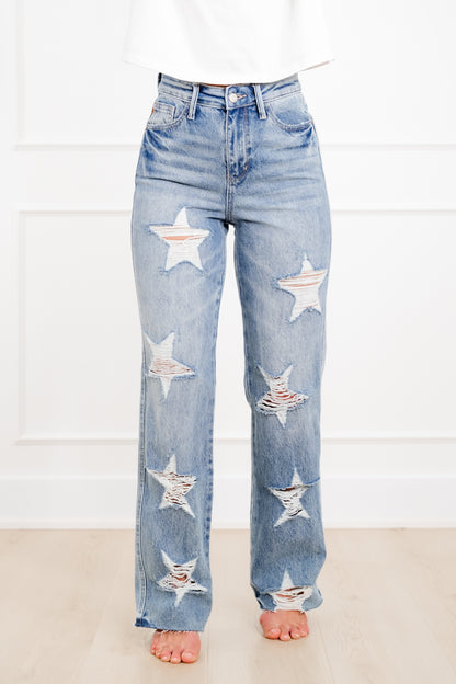 Judy Blue High Rise Medium Wash Star Shaped Distressing 90's Straight Leg Jeans