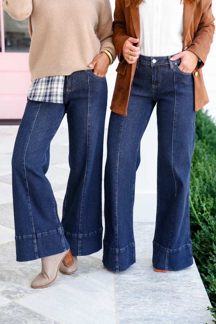 Risen Poppy Lane Mid Rise Dark Wash Wide Leg Jeans with Wide Hem
