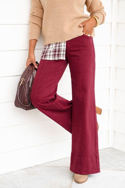 Risen Mid Rise Wine Tummy Control Wide Leg Jeans with Large Wide Hem