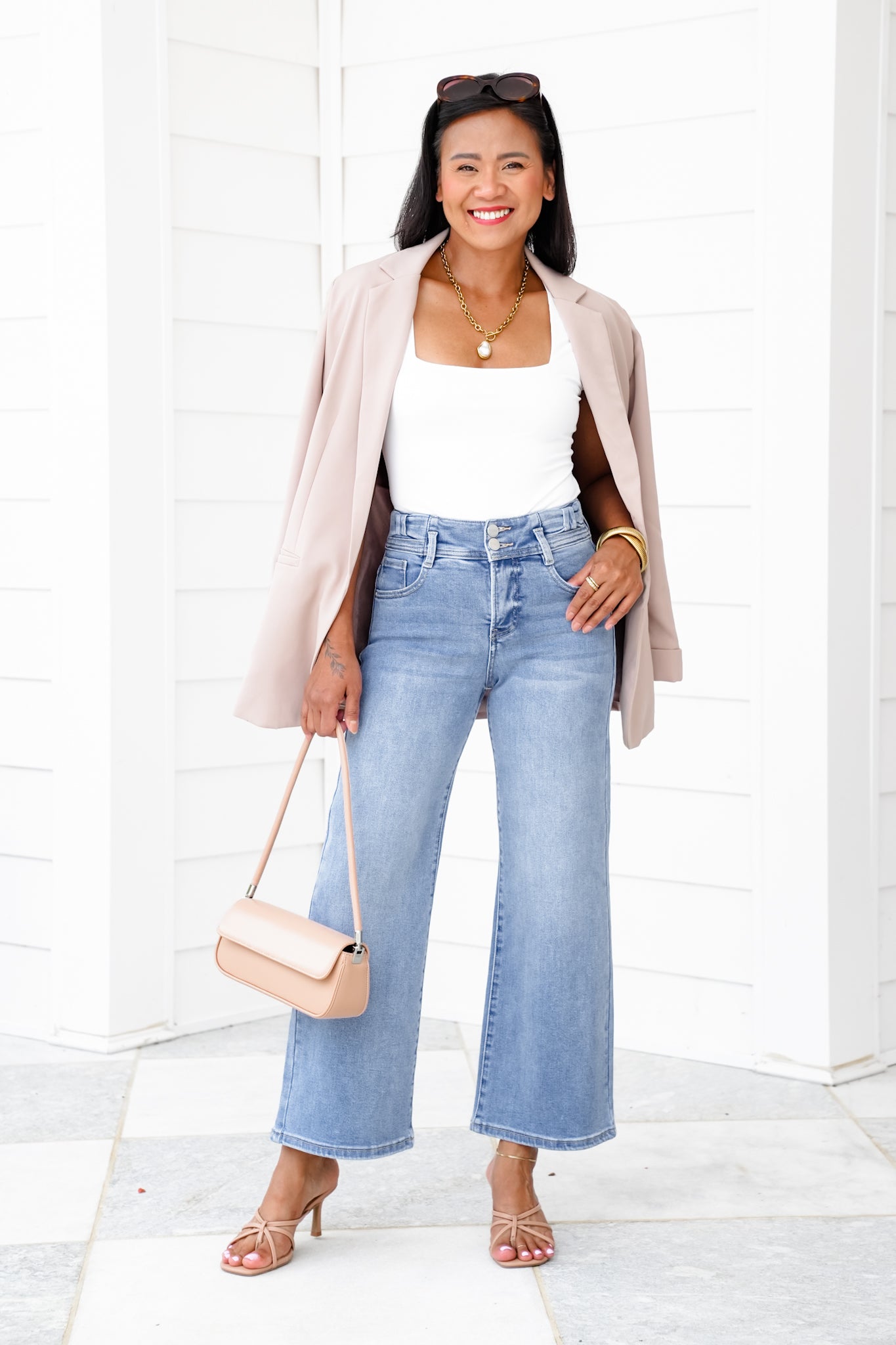 Risen High Rise Medium Wash Tummy Control Crop Wide Leg Jeans with Bow Detail