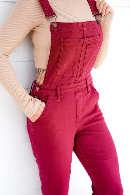 Judy Blue High Rise Maroon Garment Dyed Double Cuffed Boyfriend Overalls