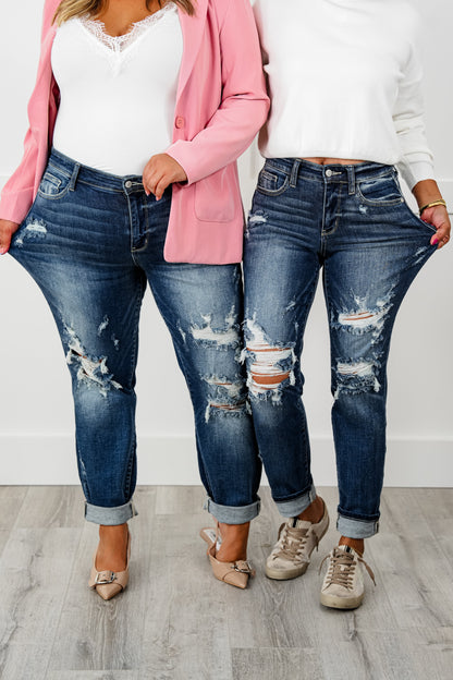 Judy Blue Dream Team Medium Wash Distressed Mid Rise Boyfriend Jeans