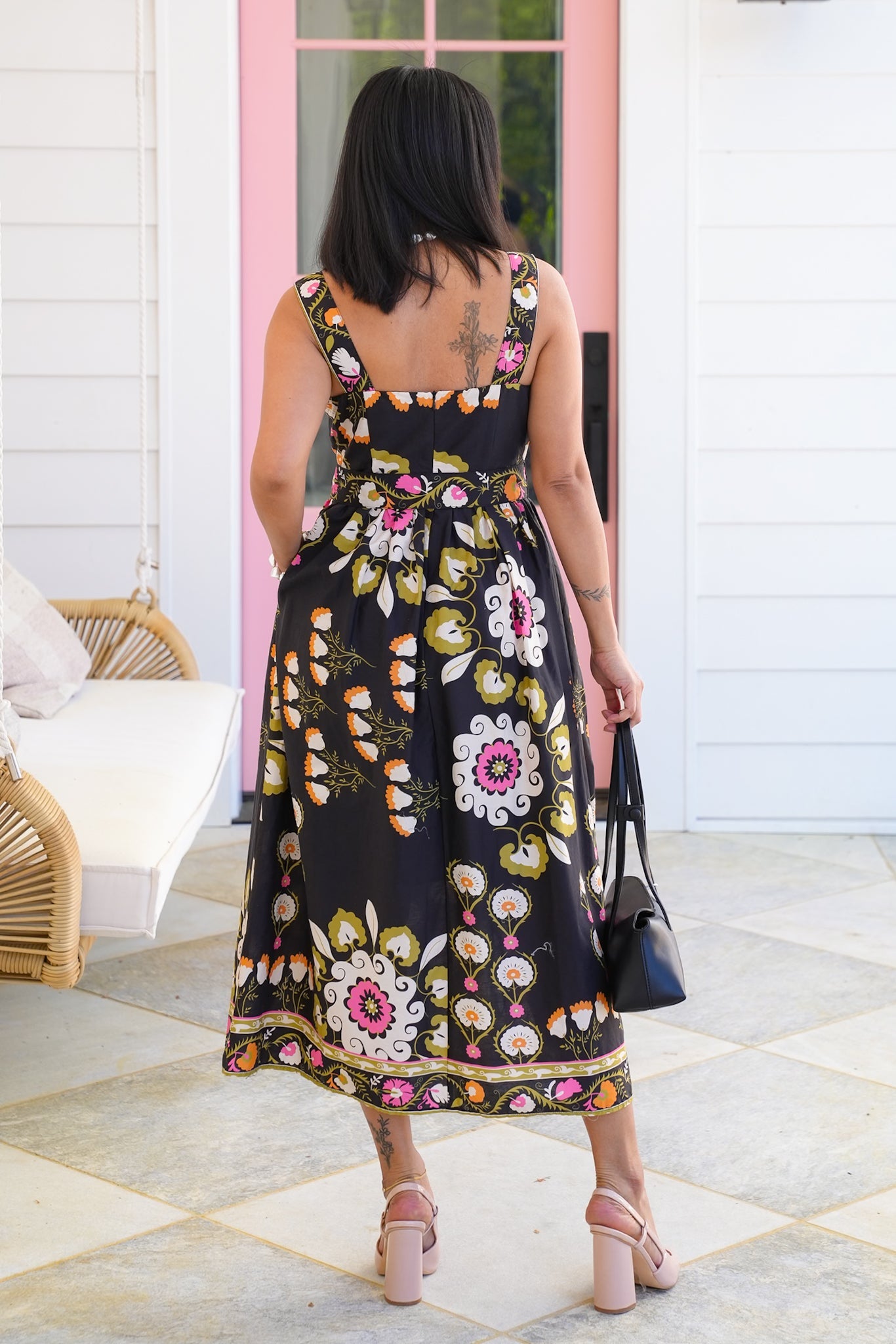 Floral Print Sleeveless Midi Dress With Waist Belt
