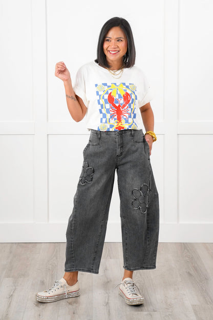 Washed Denim Barrell Jeans with Flower Patch Detail