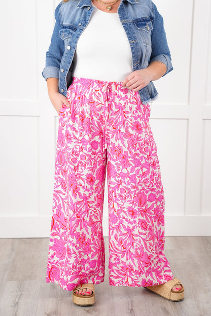 Floral Print Elastic Waist Wide Leg Pants with Side Pockets