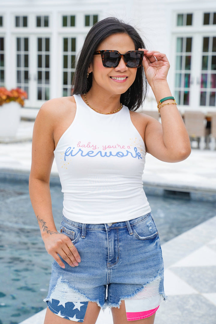 White "Baby, You're a Firework" Graphic Halter Tank Top