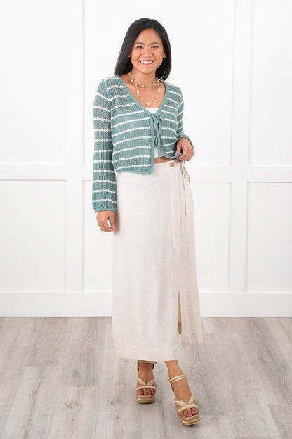 Striped Crochet Long Sleeve Cardigan with Front Tie Detail
