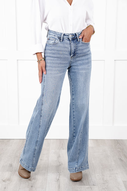 Judy Blue High Rise Medium Wash Retro Wide Leg Jeans with Side Seam Detail