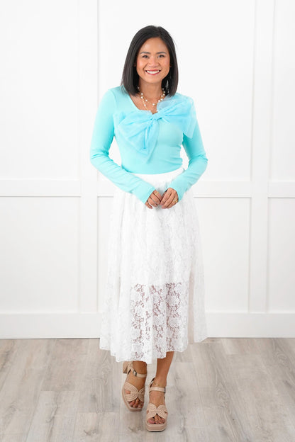 Ribbed Knit Long Sleeve Top with Ogranza Bow Detail