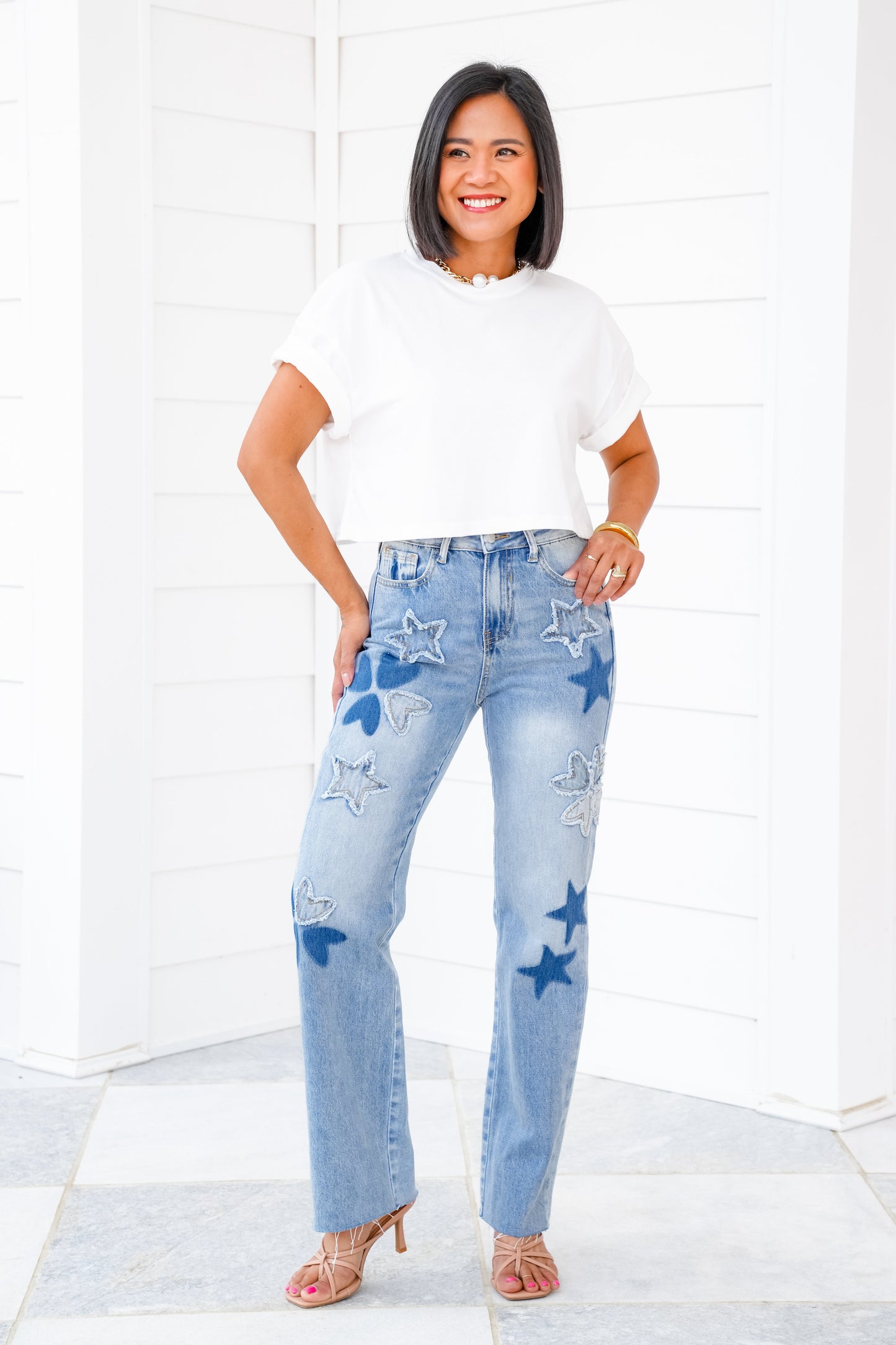 Saige High Rise Light Wash Star Patched Dad Jeans