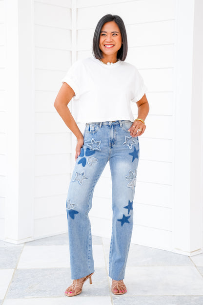 Saige High Rise Light Wash Star Patched Dad Jeans