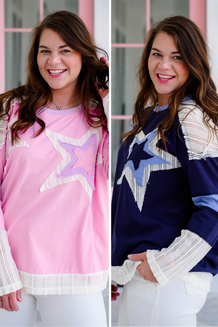 Long Sleeve Round Neck Top with Star Patch Detail