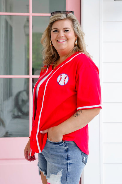 Red Short Sleeve Button Down Baseball Top with Sequin Detail