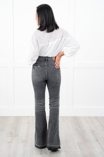 Judy Blue  The Luna Mid Rise Washed Gray Tummy Control Release Hem Flare Jeans