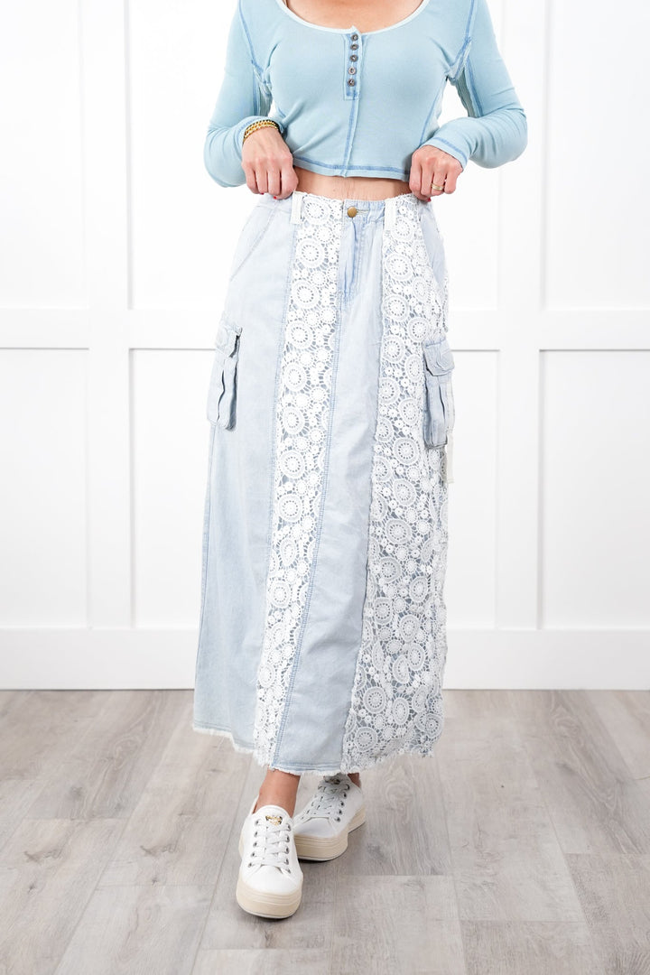POL Denim Mineral Wash Long Skirt with Crochet Detail