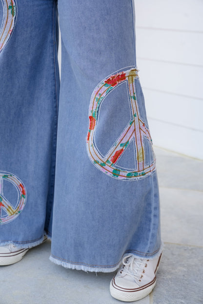 POL Vintage Wash Denim Wide Leg Pants with Peace Sign Patch Detail
