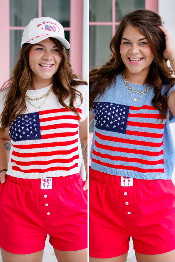 American Flag Print Cap Sleeve Lightweight Sweater Top