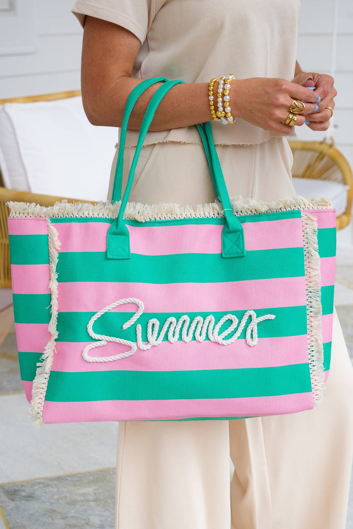 Striped Canvas "Summer" Tote Bag with Fringe & Button Closure