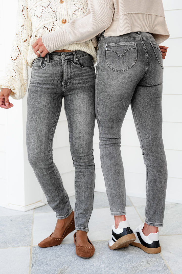Judy Blue Smoke Show Mid Rise Grey Tummy Control Skinny Jeans with Shield Pockets