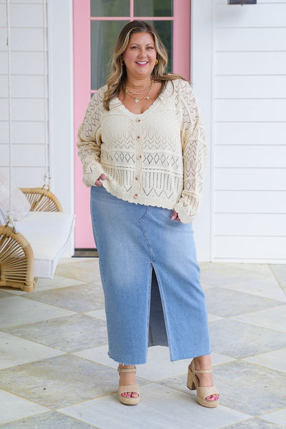 Plus/Reg Beige Loose Knit long Sleeve Button Down Cardigan