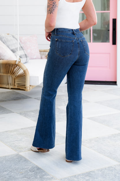 Judy Blue Triple Threat High Rise Medium Wash Cool Denim Tummy Control Top Flare Jeans