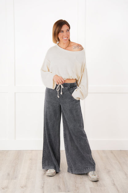 Mineral Wash Elastic Waist Wide Leg Pants (Multiple Colors)