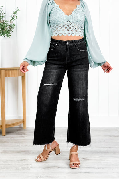 Risen High Rise Black Frayed Ankle Wide Leg Jeans