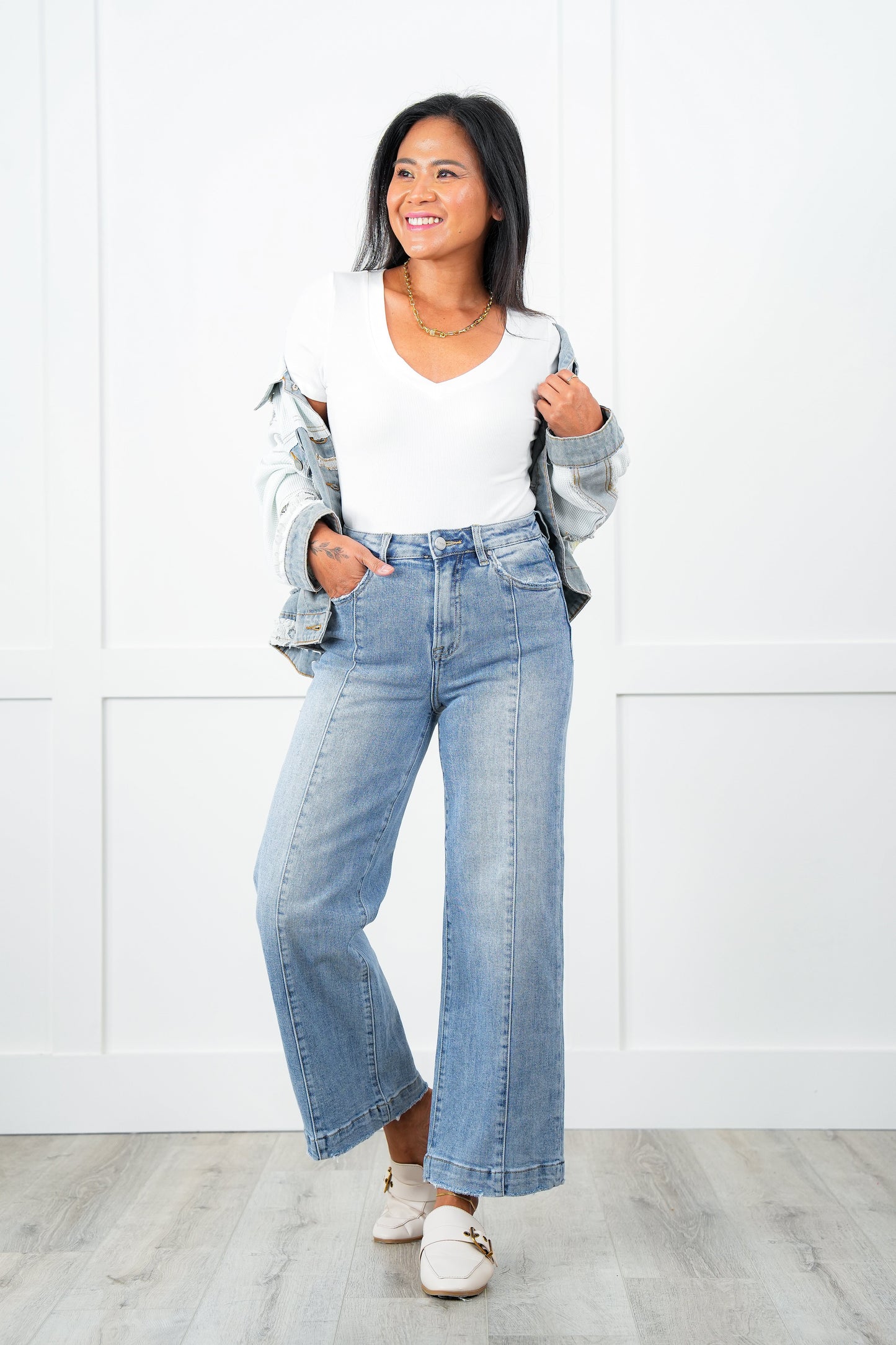 Restock! Risen High Rise Light Wash Cropped Wide Leg Jeans