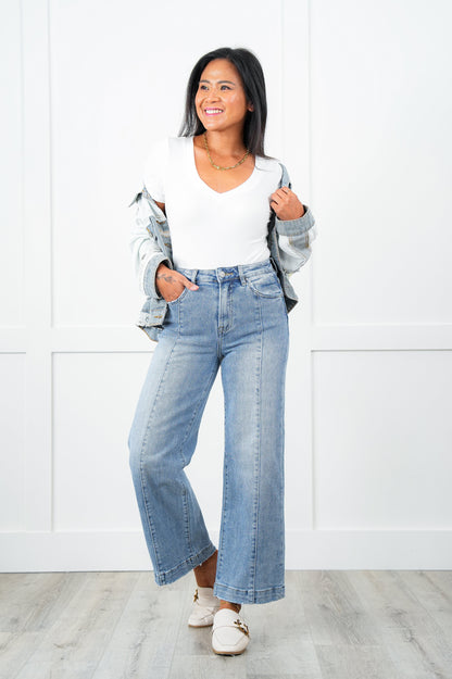 Restock! Risen High Rise Light Wash Cropped Wide Leg Jeans