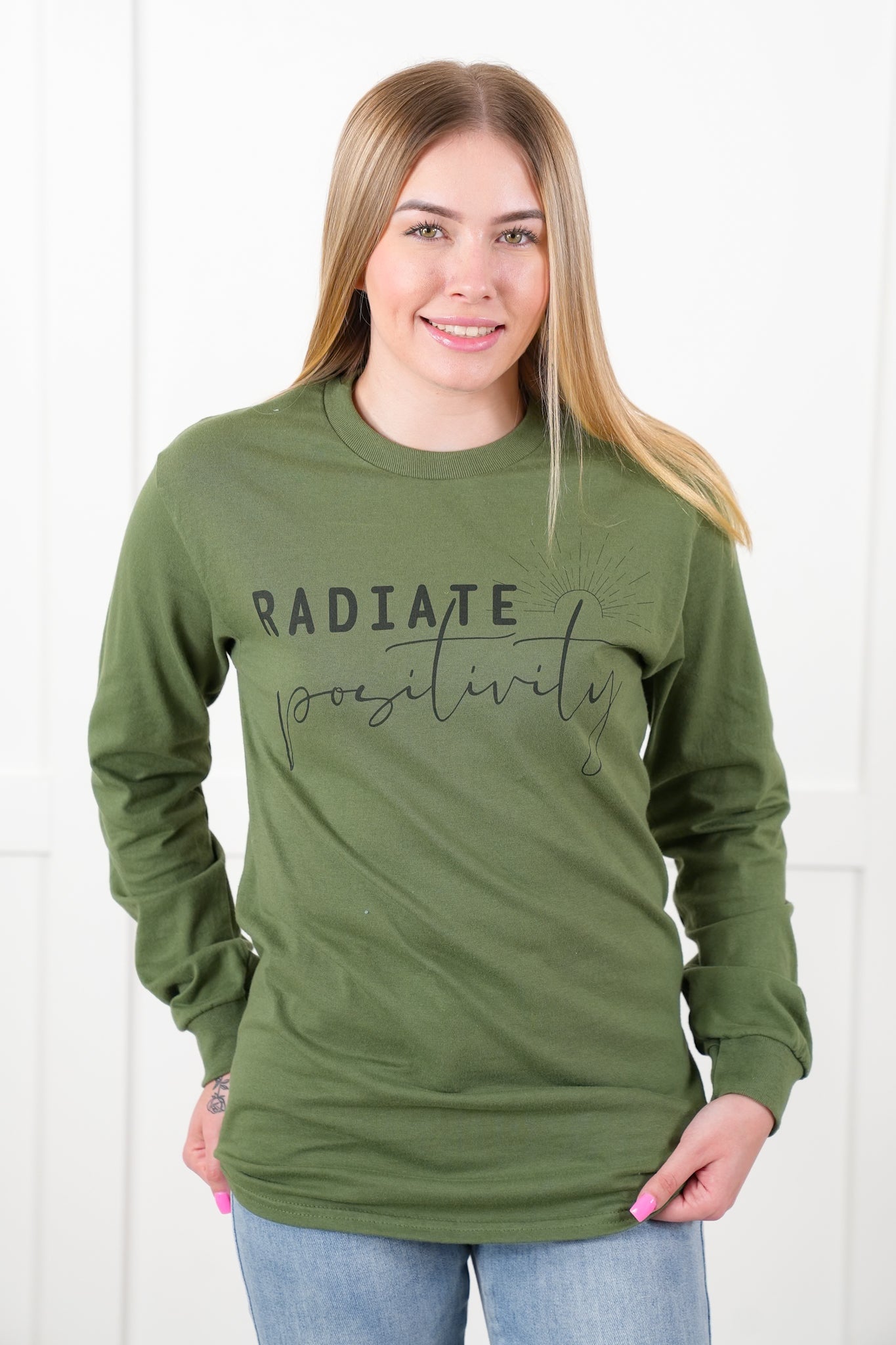 Plus/Reg Long Sleeve "Radiate Positivity" Graphic Tee