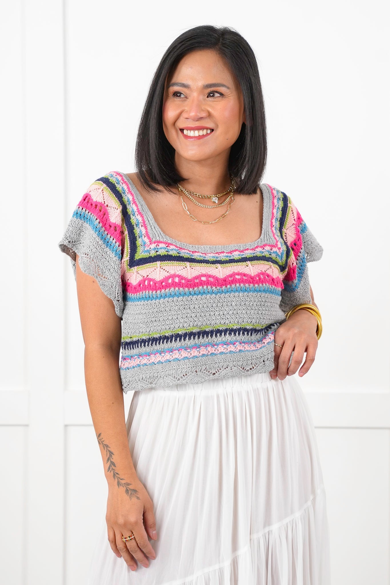 POL Multi Stripe Short Sleeve Square Neck Crop Sweater Top