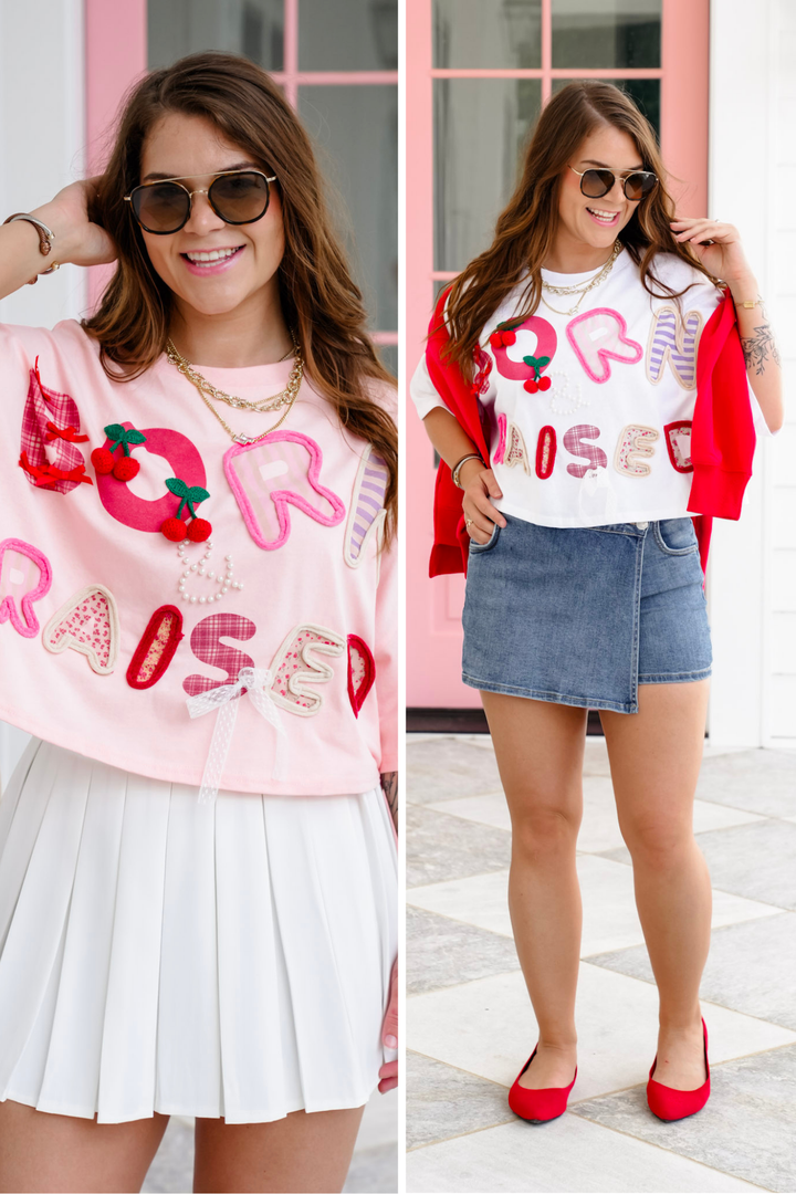 Short Sleeve "Born & Raised" Patchwork Crop Top