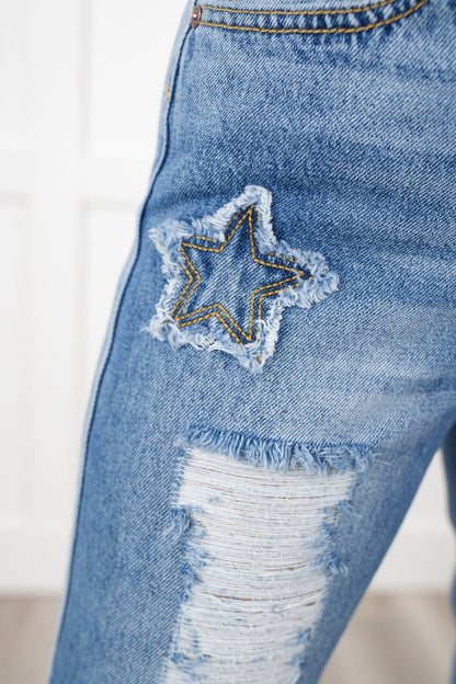 Saige High Rise Medium Wash Distressed Dad Jeans with Star Patches