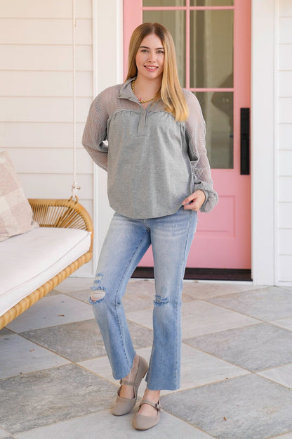 Long Sleeve Henley Top with Mesh Detail