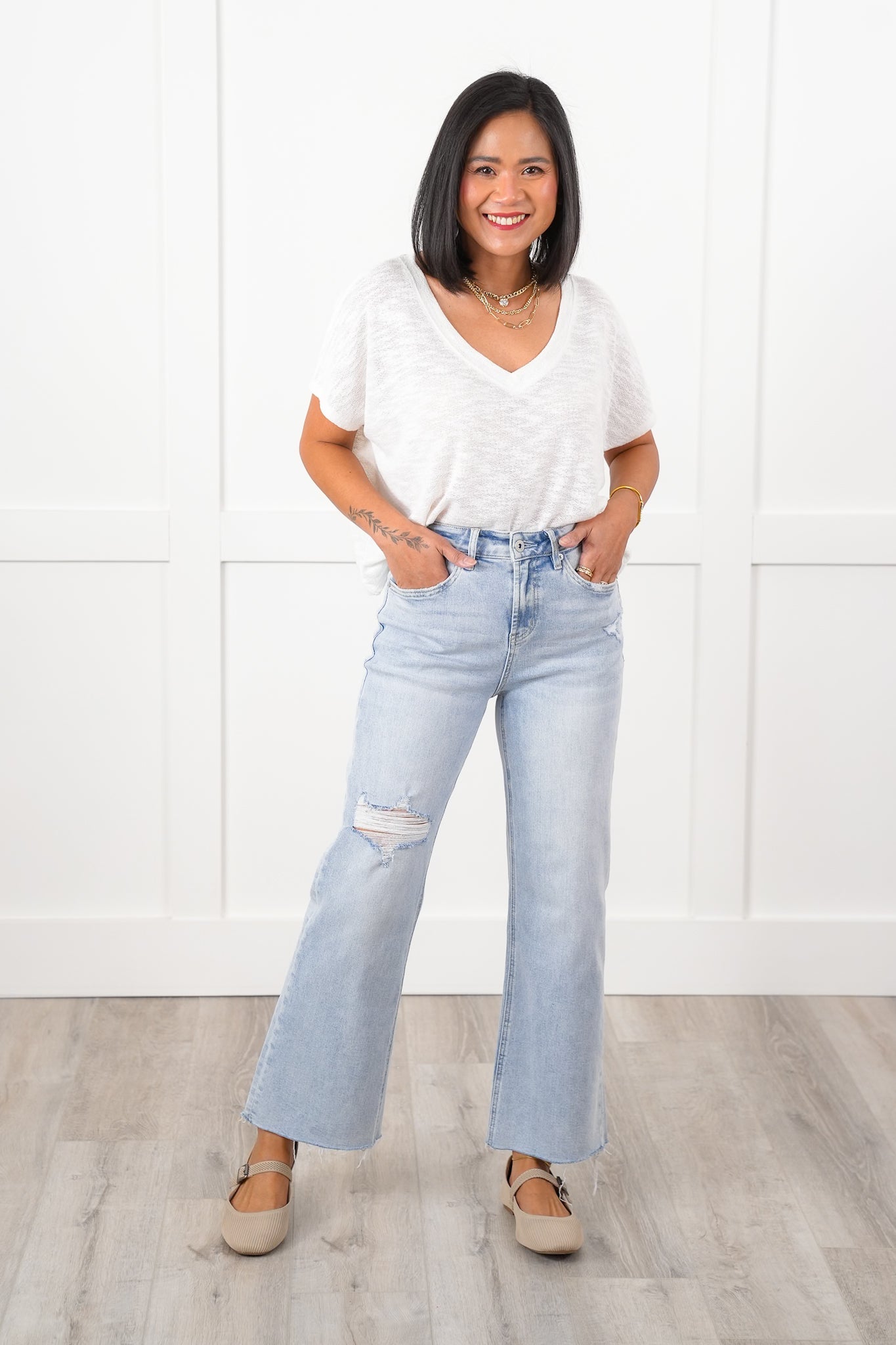 Mica High Rise Light Wash Raw Hem Wide Leg Jeans