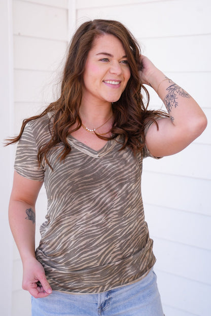 POL Zebra Print Short Sleeve V Neck Top