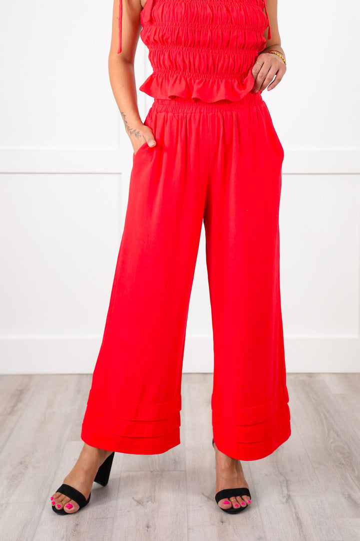 Linen Blend Elastic Waist Ankle Pants with Ruffle Detail