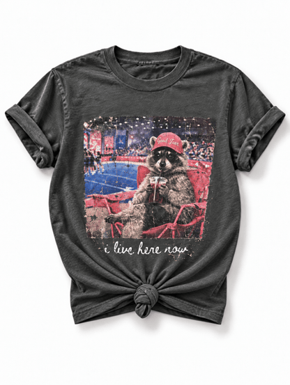 Plus/Reg Short Sleeve "I Live Here Now" Cheer Raccoon Graphic Tee - Freckled Poppy