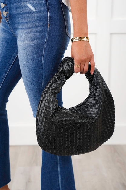 Black Vegan Leather Woven Hobo Bag