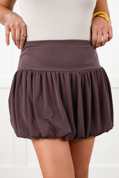 Brown High Elastic Waist Bubble Skirt with Shorts