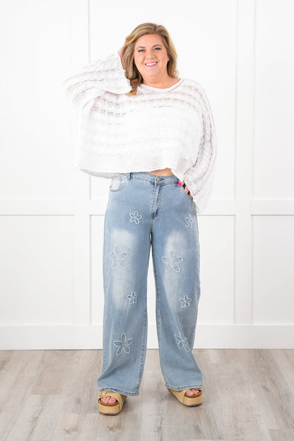 Flower Patch Denim Pants with Elastic Back Detail