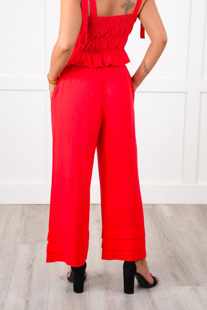 Linen Blend Elastic Waist Ankle Pants with Ruffle Detail