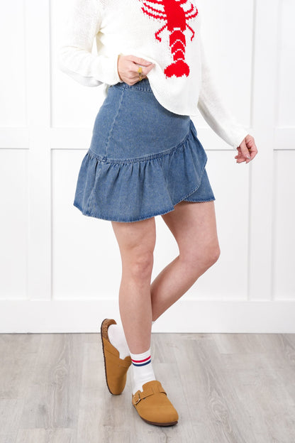 Denim Ruffle Skirt with Side Zipper
