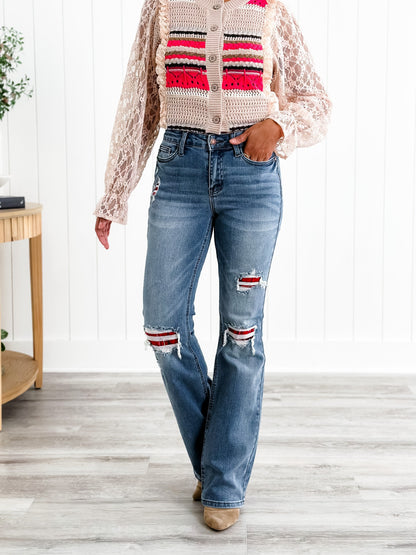 Judy Blue Plaid for You Mid Rise Medium Wash Bootcut Jeans With Patch Detail