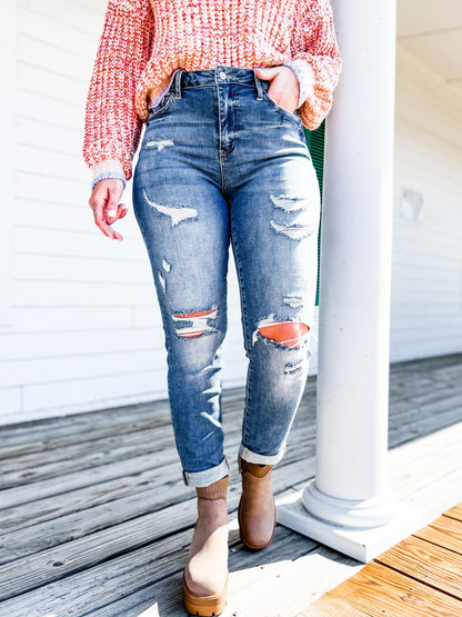 Judy Blue Boy Toy Light Wash High Rise Cuffed Boyfriend Distressed Jeans