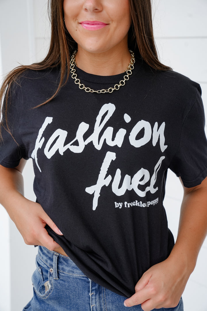 Plus/Reg Black Short Sleeve "Fashion Fuel By Freckled Poppy" Graphic Tee