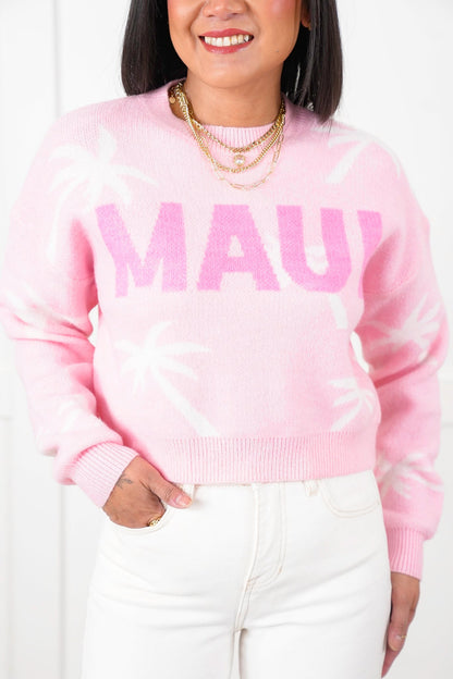 Pink Long Sleeve "Maui" Print Pullover Sweater