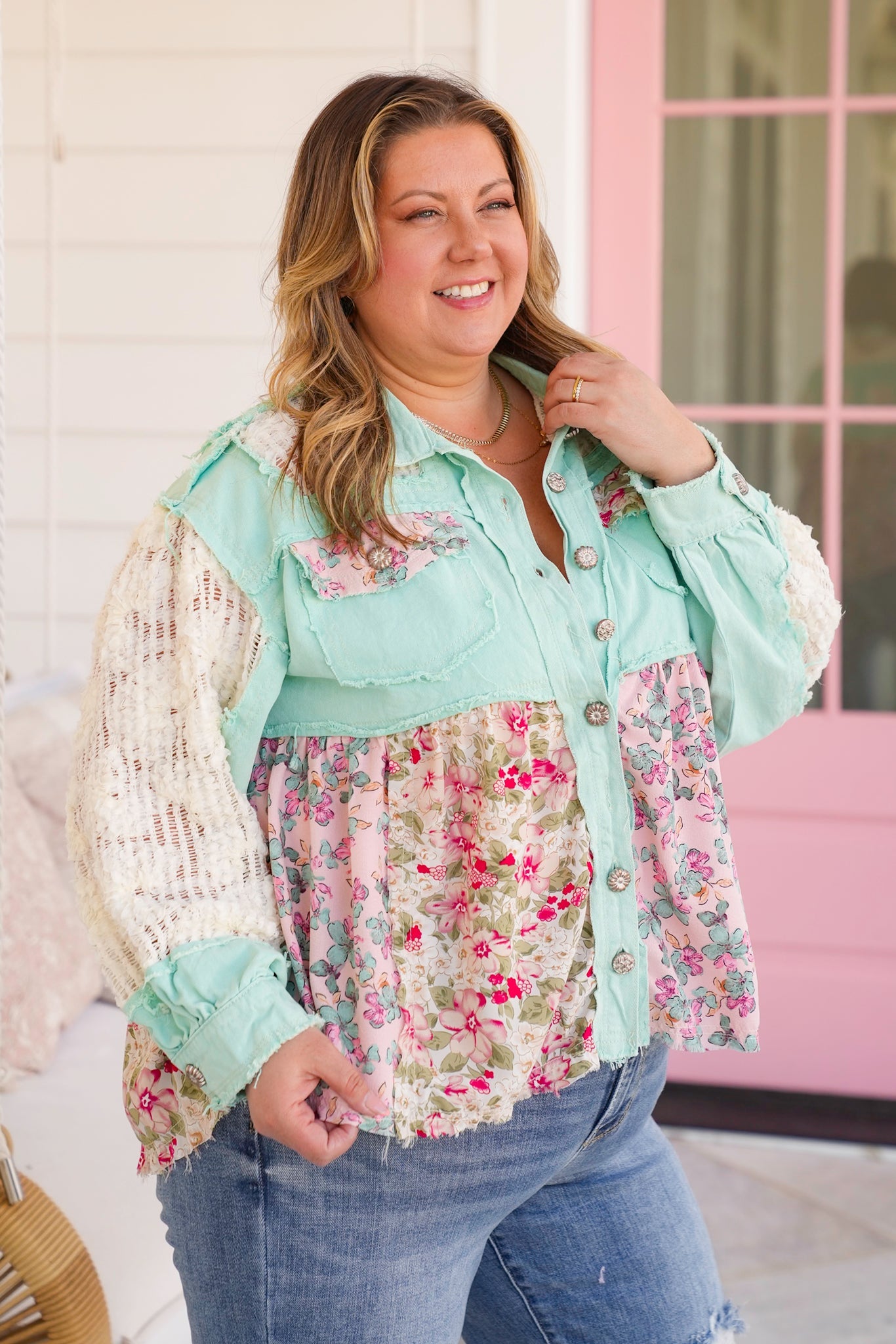 POL Mint Twill Long Sleeve A-Line Jacket with Crochet and Floral Detail